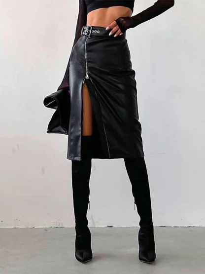 High-waist Zippered Slit Black Skirt - Image 2