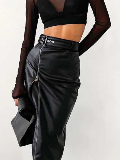 High-waist Zippered Slit Black Skirt - Image 3