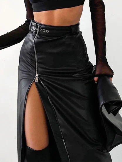 High-waist Zippered Slit Black Skirt - Image 4