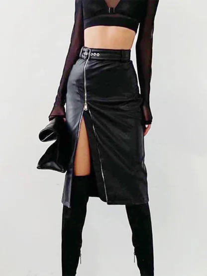 High-waist Zippered Slit Black Skirt