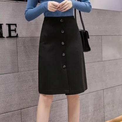 Front Buttoned Casual Black Skirt
