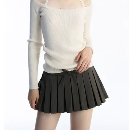 Front Tie Pleated Black Skirts - Image 2