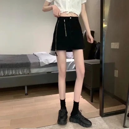 Zippered Denim Black Mini Skirt - Image 4