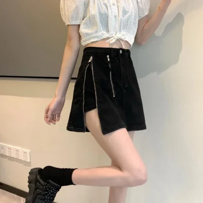 Zippered Denim Black Mini Skirt