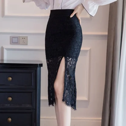 Bodycon Lace Thigh Slit Black Skirt - Image 2