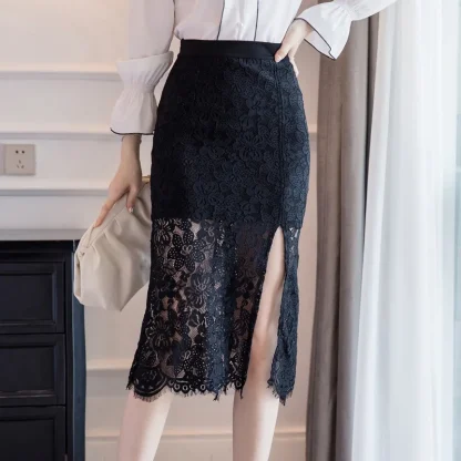 Bodycon Lace Thigh Slit Black Skirt