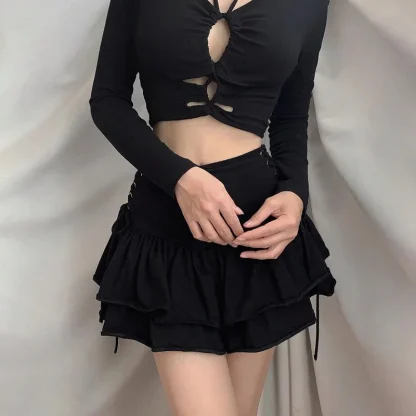 Tiered Lace-up Black Mini Skirt - Image 3