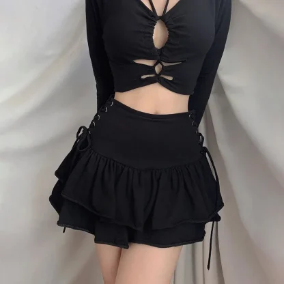 Tiered Lace-up Black Mini Skirt