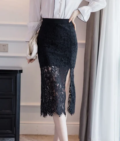 Bodycon Lace Thigh Slit Black Skirt - Image 6