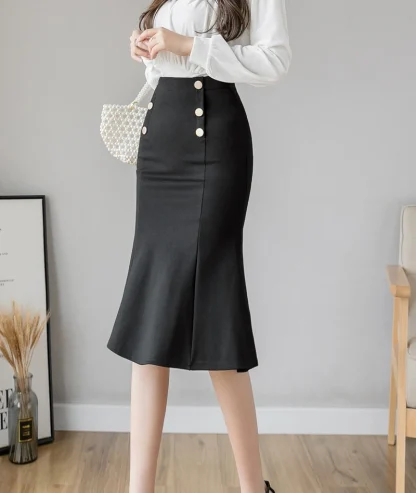 Plus Size High-waist Button Black Skirts - Image 3