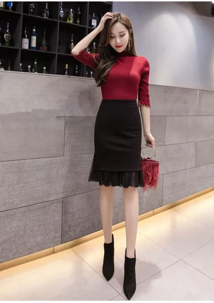 Pleated Mesh Hem Black Skirts - Image 3