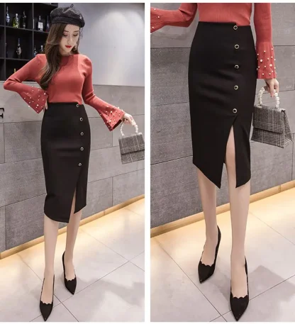 Button Front Split Black Skirts - Image 5