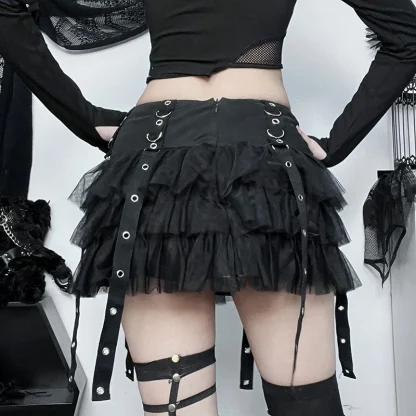 Tiered Mesh Eyelet Black Skirt - Image 2