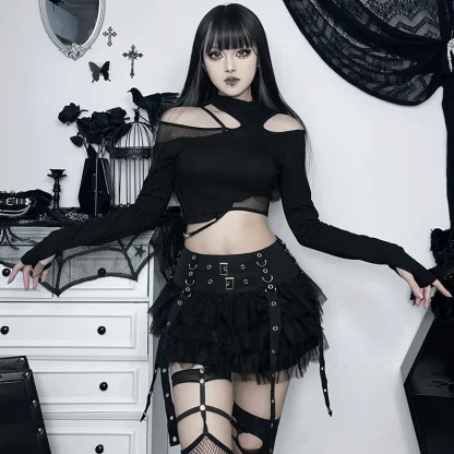 Tiered Mesh Eyelet Black Skirt - Image 4