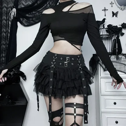 Tiered Mesh Eyelet Black Skirt - Image 6