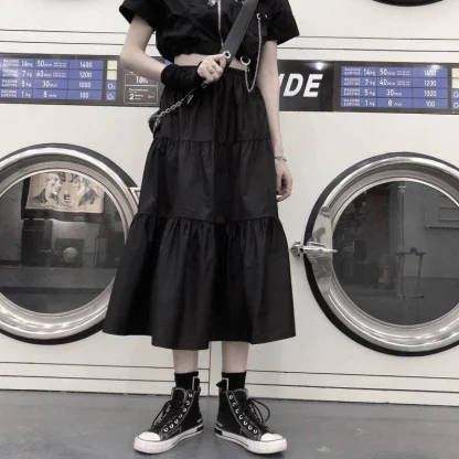 Solid Tiered Black Midi Skirts - Image 2