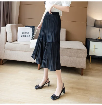 High-waist Pleated Flowy Black Skirts - Image 6