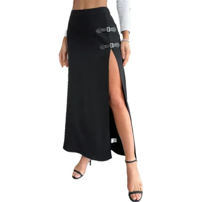 High-waist Buckle Split Black Skirt