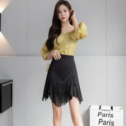 Mesh Patchwork Tassels Black Skirt - Image 4