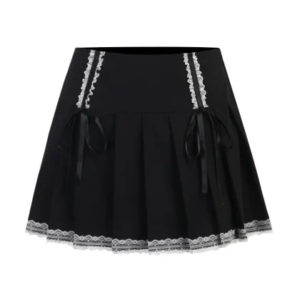Lace Trim Pleated Black Skirt