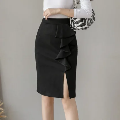High-waist Ruffle Slit Black Skirt