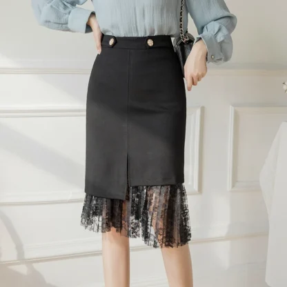 Plus Size Pleated Lace Black Skirt