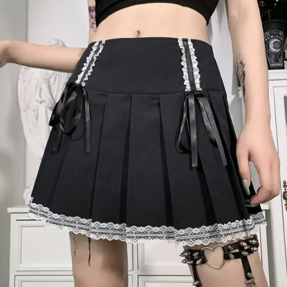 Black Lace Trim Pleated Mini Skirt - Image 2