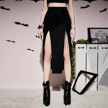 Lace-up Split Midi Black Skirt - Image 2
