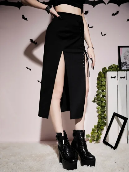 Lace-up Split Midi Black Skirt - Image 4