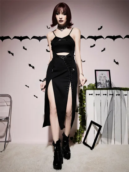 Lace-up Split Midi Black Skirt - Image 5