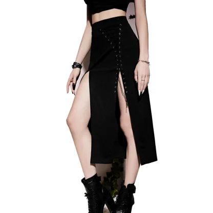 Lace-up Split Midi Black Skirt - Image 6