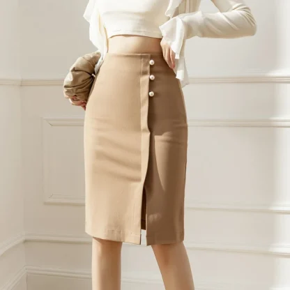 Buttoned Slit Pencil Black Skirts - Image 4