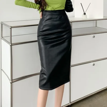 Faux Leather Pencil Black Skirt - Image 2