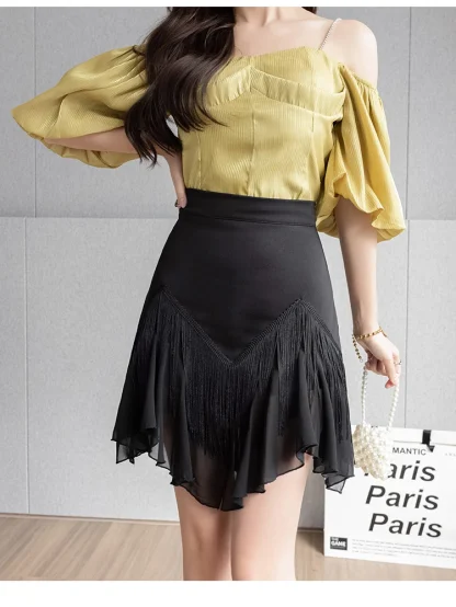 Mesh Patchwork Tassels Black Skirt - Image 6
