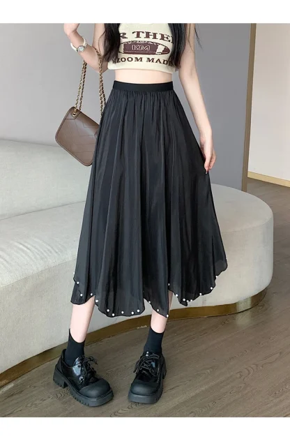 A-line Beads Hem Black Skirts
