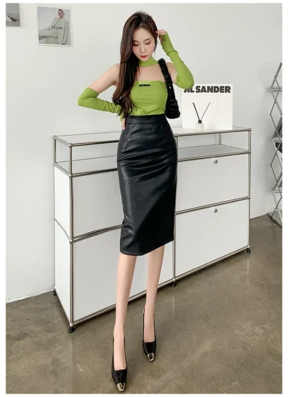 Faux Leather Pencil Black Skirt - Image 5