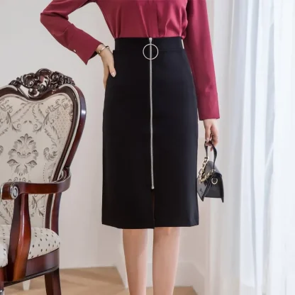 Plus Size Zippered Front Black Skirt