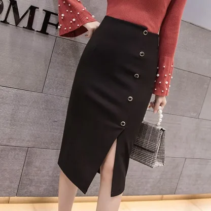 Button Front Split Black Skirts