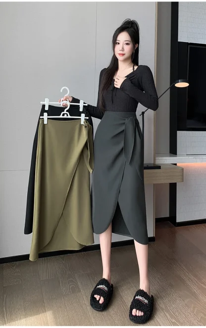 Elegant Wrap Midi Black Skirts - Image 6