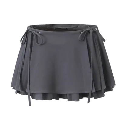 Bowknot Pleated Mini Black Skirts - Image 2