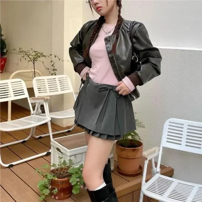Bowknot Pleated Mini Black Skirts - Image 5