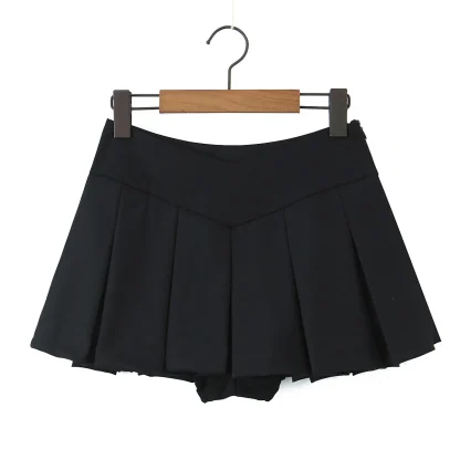 V Waist Pleated Mini Black Skirts