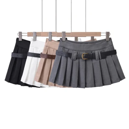 Pleated Belted Mini Black Skirts - Image 2