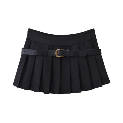 Pleated Belted Mini Black Skirts