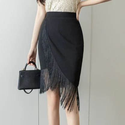 Asymmetrical Tassels Black Skirt