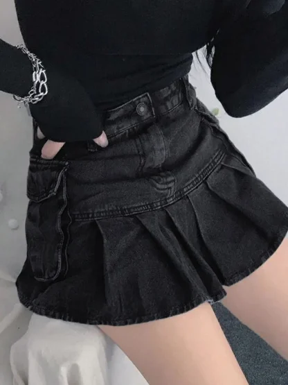 Denim Pleated Mini Black Skirts - Image 2