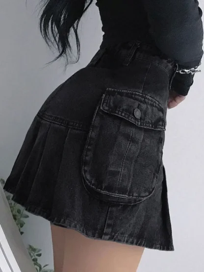 Denim Pleated Mini Black Skirts - Image 3
