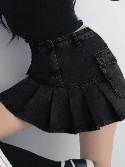 Denim Pleated Mini Black Skirts - Image 4