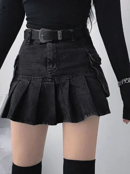 Denim Pleated Mini Black Skirts - Image 5