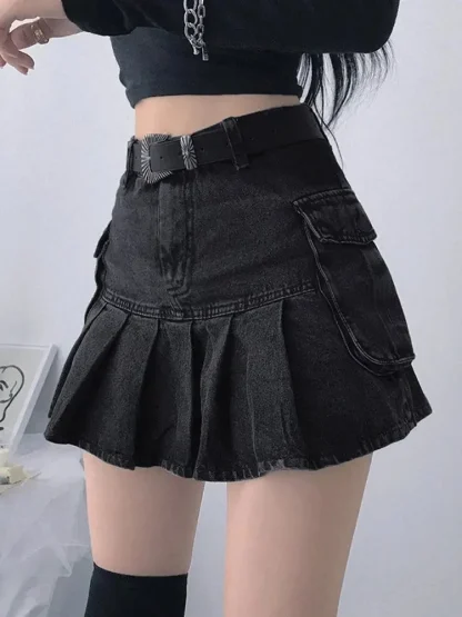 Denim Pleated Mini Black Skirts